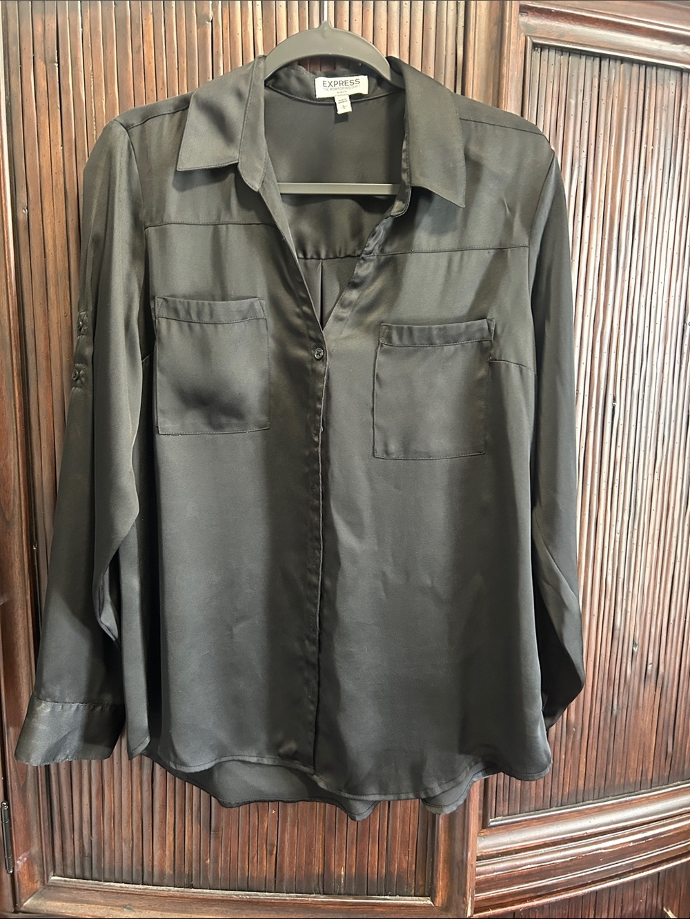 Express Black Satin Button-Up Shirt with Chest Pockets